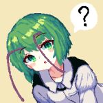  1girl 999_(hansode) ? antennae collarbone commentary green_eyes green_hair long_sleeves looking_at_viewer open_mouth pixel_art short_hair simple_background solo spoken_question_mark touhou wriggle_nightbug yellow_background 