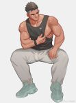  1boy bara black_tank_top clothes_pull full_body grey_pants highres large_pectorals long_sideburns looking_to_the_side male_focus muscular muscular_male nike nipples original pants pectorals pulled_by_self shirt_pull short_hair sideburns sidepec sneaker solo tank_top thick_eyebrows track_pants white_background youchi123 