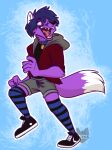  anthro canid canine clothed clothing footwear fox fur intifox legwear male mammal montyfox purple_body purple_fur shoes simple_background sneakers solo stockings tail toony 