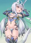  1girl bare_shoulders bikini black_thighhighs blue_gloves breasts brown_eyes dragon_tail dragon_wings elbow_gloves fate/grand_order fate_(series) forked_eyebrows galbany_(tsgororin) gloves goggles goggles_on_head highres horns long_hair looking_at_viewer lying melusine_(fate) melusine_(swimsuit_ruler)_(fate) navel on_back open_mouth sidelocks small_breasts solo swimsuit tail thighhighs thighlet thighs water white_bikini white_hair wings 