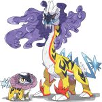  commentary_request fangs height_difference highres no_humans pokemon pokemon_(creature) purple_eyes raging_bolt raikou red_eyes simple_background uru_(ururu0731) white_background 