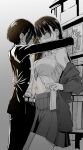  1boy 1girl belly-to-belly blush boku_no_kokoro_no_yabai_yatsu gakuran greyscale highres hug ichikawa_kyoutarou monochrome navel orikuchi_hirata partially_unbuttoned school_uniform shirt sweat unbuttoned unbuttoned_shirt waist_hug white_shirt yamada_anna 