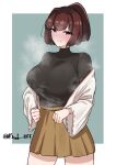  1girl blush border breasts brown_eyes brown_hair brown_hakama cowboy_shot green_background hakama highres ise_(kancolle) japanese_clothes kantai_collection kirchoff large_breasts one-hour_drawing_challenge ponytail short_hair simple_background skin_tight smile solo steaming_body twitter_username undershirt white_border 