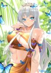  1girl ahoge artist_name blue_butterfly blue_eyes blurry blurry_background bracelet breasts bug butterfly cleavage cleavage_cutout clothing_cutout collarbone commission gold_dress grey_hair heart heart-shaped_pupils heart_ahoge highres jewelry large_breasts long_hair mole mole_under_mouth navel necklace original pink_butterfly pink_pupils ramachiru single_bare_shoulder skeb_commission solo symbol-shaped_pupils tiara 