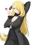 1girl :o absurdres arm_up black_coat black_pants black_shirt breasts cleavage coat cowboy_shot cynthia_(pokemon) fur-trimmed_sleeves fur_collar fur_trim hair_ornament hair_over_one_eye heart highres large_breasts long_hair long_sleeves looking_at_viewer maho_(corotonton5150) open_mouth pants pokemon pokemon_(game) pokemon_dppt shirt simple_background solo very_long_hair white_background 