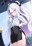  1girl belt bespectacled blue_archive glasses hair_ornament hairclip highres hina_(blue_archive) horns indoors long_hair long_sleeves looking_at_viewer office_lady purple_eyes rui_rubellent shirt skirt solo thighs white_hair white_shirt wings 