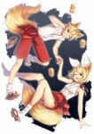  1boy 1girl animal_ears arm_behind_head bird blonde_hair blue_eyes brother_and_sister chick commentary english_commentary fox_boy fox_ears fox_girl fox_tail geta grin hair_ornament hairclip hand_grab highres kagamine_len kagamine_rin kemonomimi_mode miniskirt one_eye_closed open_mouth pleated_skirt red_shorts shirt shorts siblings skirt sleeveless sleeveless_shirt smile socks tail twins vocaloid white_socks yen-mi 