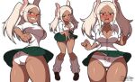  1girl :d absurdres alternate_hairstyle animal_ears animal_print artist_name ass ass_visible_through_thighs blush boku_no_hero_academia breasts brown_footwear cleavage clenched_hand clenched_teeth collarbone dark-skinned_female dark_skin dated embarrassed full_body green_skirt hand_on_own_hip highres large_breasts leaning_forward long_eyelashes long_hair looking_at_viewer loose_socks maydaykiki mirko multiple_views narrow_waist open_mouth panties pantyshot parted_bangs pleated_skirt print_panties rabbit_ears rabbit_girl rabbit_panties rabbit_print school_uniform shirt_tucked_in signature skirt sleeves_rolled_up smile socks tears teeth thick_thighs thigh_gap thighs twintails twisted_torso underwear v white_background white_hair white_panties wide_hips wind wind_lift 