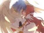  1boy 1girl angel_wings blue_hair closed_mouth dress elbow_gloves father_and_daughter feathered_wings filia_(star_ocean) gabriel_(star_ocean) gloves halo highres pointy_ears red_hair rusinomob short_hair simple_background smile star_ocean star_ocean_the_second_story white_background wings 