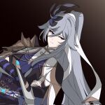  1girl :| alternate_costume androgynous armor blue_eyes closed_mouth commentary_request crossed_arms esticss expressionless fu_hua grey_hair hair_between_eyes high_ponytail highres honkai_(series) honkai_impact_3rd korean_commentary long_hair ponytail solo 