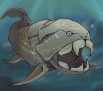  air_bubble animal_focus bubble dunkleosteus fish makita_(mugitya3776) no_humans open_mouth original sharp_teeth teeth underwater 