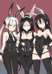  3girls bare_shoulders black_hair blush breasts cleavage collarbone cowboy_shot destroyer_(girls&#039;_frontline) detached_collar dreamer_(girls&#039;_frontline) girls&#039;_frontline hair_between_eyes highres judge_(girls&#039;_frontline) locked_arms long_hair looking_at_viewer medium_breasts multicolored_hair multiple_girls necktie pantyhose playboy_bunny sangvis_ferri sideboob skindentation smile streaked_hair thighhighs twintails very_long_hair white_hair wrist_cuffs yellow_eyes zafuri_(yzrnegy) 