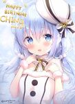  1girl 2023 :d amedamacon beret blue_background blue_eyes blue_hair blush bow breasts character_name commentary_request dress fur-trimmed_dress fur_trim gochuumon_wa_usagi_desu_ka? hair_between_eyes hands_up happy_birthday hat kafuu_chino long_hair looking_at_viewer low_twintails off-shoulder_dress off_shoulder small_breasts smile solo starry_background striped striped_bow tilted_headwear twintails twitter_username very_long_hair white_bow white_dress white_headwear 