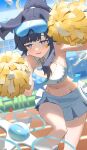  1girl :d animal_ears arm_up armpits bare_legs bare_shoulders black_hair blue_archive blue_eyes blue_sky blush breasts byocho cheerleader collarbone confetti crop_top dog_ears dog_girl drone eyewear_on_head halo hibiki_(blue_archive) hibiki_(cheer_squad)_(blue_archive) highres holding holding_pom_poms looking_at_viewer medium_breasts midriff millennium_cheerleader_outfit_(blue_archive) miniskirt navel official_alternate_costume open_mouth outdoors pleated_skirt pom_pom_(cheerleading) ponytail running_track skirt sky smile solo standing sticker_on_face white_skirt yellow_halo 