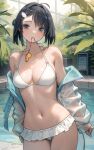  1girl absurdres ahoge arknights bare_shoulders bikini black_hair breasts commentary cowboy_shot grey_eyes head_tilt highres jacket la_pluma_(arknights) la_pluma_(summer_flowers)_(arknights) long_sleeves looking_at_viewer medium_breasts mouth_hold navel off_shoulder official_alternate_costume open_clothes open_jacket pool short_hair solo standing stomach swimsuit thighs water welt_(kinsei_koutenkyoku) whistle whistle_around_neck white_bikini white_jacket 