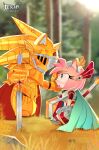  1boy 1girl absurdres amy_rose animal_ears animal_nose armor artist_name blue_cape blurry blurry_background breastplate caliburn_(sonic) cape covered_eyes daeream forest from_side furry furry_female furry_male gauntlets gold_armor grass greaves green_eyes hammer hand_on_another&#039;s_cheek hand_on_another&#039;s_face hedgehog hedgehog_ears helm helmet highres holding holding_sword holding_weapon kneeling knight looking_at_another nature on_grass open_mouth paladin pink_fur planted planted_sword red_cape shoulder_armor sitting snout sonic_(series) sonic_and_the_black_knight sonic_the_hedgehog sword tree twitter_username weapon weapon_on_back 
