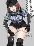  1girl baseball_cap brown_hair camouflage commentary fingerless_gloves fuku_(fuku12290574) gloves goggles goggles_on_headwear hat highres knee_pads original purple_eyes short_hair short_shorts shorts simple_background solo tape_measure thighhighs thighs translated 