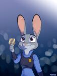  anthro badge clothing disney female fur grey_body grey_fur judy_hopps lagomorph leporid mammal police_uniform purple_eyes rabbit smile solo sticker tggeko uniform zootopia 