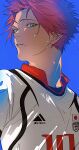 1boy absurdres blue_background blue_lock bo_toike57 green_eyes highres itoshi_sae looking_at_viewer male_focus parted_lips pink_hair shadow short_hair soccer_uniform solo spiked_hair sportswear sweat sweatdrop upper_body white_hair 