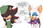  1boy 1girl :d bat_wings belt black_tube_top breasts cleavage english_text furry furry_female furry_male gloves green_headwear hat highres jacket lipstick makeup open_mouth pants purple_jacket rouge_the_bat shadow_the_hedgehog simple_background smile sonic_(series) speech_bubble strapless the_murder_of_sonic_the_hedgehog toonsite tube_top white_background white_gloves white_pants wings 