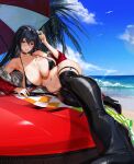  1girl ashinagazami azur_lane bare_shoulders beach bikini black_bikini black_choker black_hair blush breasts checkered_flag choker cleavage crossed_bangs eyewear_on_head flag hair_between_eyes highleg highleg_bikini highres jacket large_breasts long_hair looking_at_viewer navel off_shoulder official_alternate_costume on_vehicle race_queen red_eyes red_jacket solo sunglasses swimsuit taihou_(azur_lane) taihou_(enraptured_companion)_(azur_lane) thighhighs 