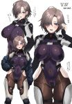  1girl adjusting_hair ahoge armored_core armored_core_6 blue_eyes breasts brown_hair genderswap genderswap_(mtf) hand_on_own_hip highres hominamia jacket large_breasts mole mole_under_eye pilot_suit short_hair smile solo translation_request v.iv_rusty 
