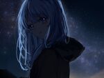  1girl backlighting black_hoodie blue_eyes blue_hair blunt_bangs hair_down head_tilt highres ho_(apgpx) hololive hood hood_down hoodie hoshimachi_suisei long_hair looking_at_viewer milky_way night night_sky outdoors parted_lips sky solo star_(sky) star_(symbol) star_in_eye starry_sky symbol_in_eye upper_body virtual_youtuber 