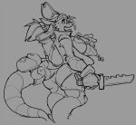  2019 accessory anthro breasts butt clothing female freebird11 furgonomics gloves grey_background hair handwear holding_object holding_sword holding_weapon jacket mammal melee_weapon murid murine rat rodent science_fiction simple_background solo sword tail tail_accessory tail_pouch topwear weapon 