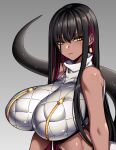  1girl absurdres black_hair breast_zipper colored_inner_hair dark_skin earrings grey_background highres hime_cut hz_(666v) jewelry lamia long_hair looking_at_viewer monster_girl multicolored_hair original red_hair scales sleeveless snake_tail tail upper_body yellow_eyes zipper_pull_tab 