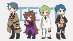  1girl 3boys :3 ahoge black_necktie black_pants blue_eyes blue_hair blush_stickers brown_coat brown_eyes brown_hair brown_jacket brown_pants brown_vest chinese_commentary clipboard closed_mouth coat collared_shirt commentary_request employee_(lobotomy_corporation) full_body grey_eyes grey_shirt highres holding holding_clipboard jacket light_green_hair lobotomy_corporation long_hair long_sleeves multiple_boys necktie no_nose no_sclera open_clothes open_coat open_mouth pants project_moon purple_coat purple_vest red_eyes red_necktie shirt short_hair smile sweat tesna very_long_hair vest white_jacket white_necktie white_pants white_shirt 