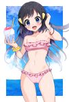  1girl beach bikini black_hair blue_eyes collarbone dawn_(pokemon) food frilled_bikini frills highres long_hair navel ocean pink_bikini pokemon pokemon_(game) pokemon_dppt shaved_ice solo strapless strapless_bikini swimsuit yuihico 