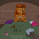 anthro baloo bear beverage big_breasts bra breasts cleavage clothed clothing coffee_mug dialogue discarded_clothing disney duo english_text female first_person_view furniture hi_res holding_card male mammal off_shoulder panties poker poker_chip rebecca_cunningham strip_poker table talespin text the_jungle_book underwear vylfgor 