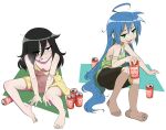  2girls absurdres ahoge alcohol areola_slip barefoot beer beer_can bike_shorts breasts brown_socks camisole can commentary death_by_lolis dress drunk english_commentary eyes_visible_through_hair green_camisole hair_over_one_eye heavy_breathing highres izumi_konata kneehighs kuroki_tomoko long_hair lucky_star messy_hair multiple_girls sitting small_breasts socks strap_slip tongue tongue_out very_long_hair watashi_ga_motenai_no_wa_dou_kangaetemo_omaera_ga_warui! yellow_dress yokozuwari 