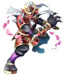  1boy absurdres armor black_socks digifake digimon digimon_(creature) full_body highres japanese_armor looking_at_viewer male_focus original petals samurai sandals simple_background socks solo sword weapon white_background yokaiju1 