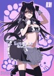  1girl :d animal_ears aoi_suzu apron arm_up black-framed_eyewear black_footwear black_gloves black_hair black_shirt black_skirt black_thighhighs bow bowtie breasts cat_ears cat_tail commission crop_top detached_collar fake_animal_ears fake_tail floating_hair frilled_apron frilled_shirt frilled_skirt frills glasses gloves hairband hand_up high_heels highres leg_up long_hair looking_at_viewer maid maid_apron medium_breasts midriff miniskirt navel open_mouth original paw_pose purple_eyes raised_eyebrow shaded_face shirt short_sleeves skeb_commission skirt smile solo stomach tail thighhighs waist_apron zettai_ryouiki 