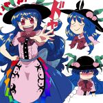  1girl apron black_headwear blue_hair blue_ribbon blue_skirt blush clenched_hand food frilled_shirt frilled_skirt frills fruit furukawa_(yomawari) hair_between_eyes hand_on_own_hip hat highres hinanawi_tenshi long_hair looking_at_viewer neck_ribbon nose_blush peach peach_hat_ornament puffy_short_sleeves puffy_sleeves red_eyes red_ribbon ribbon shirt short_sleeves simple_background skirt smile smug tears teeth tongue touhou upper_teeth_only very_long_hair white_apron white_background white_shirt 