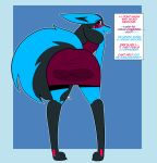  after_transformation anthro black_body black_fur blue_body blue_fur blush butt buttsaw clothed clothing colored dialogue dress english_text ftm_transformation fur gender_transformation generation_4_pokemon girly hi_res lucario male mind_alteration nervous nintendo personality_change pokemon pokemon_(species) solo speech_bubble text transformation 