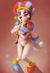  anthro bottomless bottomless_female breasts canid canine canis clothed clothing domestic_dog female fur genitals hand_on_own_breast hi_res mammal nipples pavlu6ka paws pomni_(the_amazing_digital_circus) pussy solo the_amazing_digital_circus 