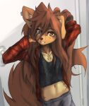  2023 anthro apogee_(tinygaypirate) breasts brown_hair canid canine canis clothed clothing digital_media_(artwork) domestic_dog female female_anthro floppy_ears fur hair half-length_portrait happy hi_res kemono long_hair looking_at_viewer mammal midriff navel piercing portrait small_breasts smile smiling_at_viewer solo spitz tail tan_body tan_fur tattoo tinygaypirate 