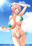  1girl ass_visible_through_thighs bikini blue_sky braid breasts huge_breasts long_hair micro_bikini minpei_ichigo navel ocean one_piece pink_eyes pink_hair rebecca_(one_piece) sky smile solo stomach swimsuit 