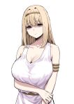  1girl blonde_hair breasts dress hairband hand_on_own_arm highres large_breasts long_hair looking_at_viewer shingeki_no_kyojin sky-freedom sleeveless sleeveless_dress solo upper_body white_background white_dress ymir_fritz 