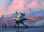  2boys absurdres aircraft airplane alien aoki_uru canards cloud english_commentary fighter_jet highres honneamise_no_tsubasa jet landing landing_gear military_vehicle multiple_boys official_style original realistic redesign robots_r4 science_fiction spacecraft starfighter 