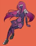  1girl armor black_footwear bodysuit breasts fate/grand_order fate_(series) full_body high_heels impossible_bodysuit impossible_clothes jam-orbital long_hair looking_at_viewer mask mouth_mask purple_bodysuit purple_eyes purple_hair scathach_(fate) shoulder_armor showgirl_skirt solo 