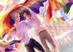  2boys absurdres arm_up axis_powers_hetalia balloon beichuanying belt bird black_hair black_pants blue_bracelet bracelet brown_belt brown_eyes brown_hair brown_pants character_name china_(hetalia) chinese_commentary closed_mouth collarbone commentary_request dated day dutch_angle feet_out_of_frame flag flying grey_hair hand_on_another&#039;s_shoulder happy_valentine highres holding holding_flag jewelry long_hair looking_ahead looking_to_the_side male_focus midriff multiple_boys outdoors pants parted_hair parted_lips people pink_lips rainbow_flag red_bracelet russia_(hetalia) shirt short_hair short_sleeves simple_bird smile solo_focus t-shirt valentine white_shirt yaoi 