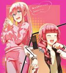  blue_eyes blunt_bangs bocchi_the_rock! braid commentary_request double-parted_bangs gotou_hitori hair_between_eyes hair_over_shoulder highres hiroi_kikuri jacket long_hair long_sleeves maruno_ball pants pink_hair pink_track_suit red_hair single_braid track_jacket track_pants very_long_hair 