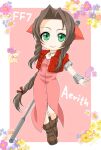  1girl aerith_gainsborough arm_behind_back bangle boots border bracelet braid braided_ponytail brown_footwear brown_hair center_opening character_name chibi choker cropped_jacket dress final_fantasy final_fantasy_vii green_eyes hair_ribbon hair_tie holding holding_staff jacket jewelry kirishima_saya long_dress long_hair looking_at_viewer parted_bangs pink_background pink_dress pink_ribbon puffy_short_sleeves puffy_sleeves red_jacket ribbon ribbon_choker short_sleeves sidelocks single_braid smile solo staff white_border 