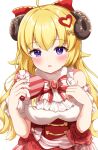  1girl :o absurdres ahoge alternate_costume animal_ears blonde_hair blush bow box breasts commentary_request floral_print fur-trimmed_collar hair_bow hair_ornament heart heart-shaped_box heart-shaped_pupils heart_hair_ornament highres hololive horns large_breasts long_hair looking_at_viewer purple_eyes red_brooch rinkaa_(lovelive765pro2) rose_print sheep_ears sheep_girl sheep_horns simple_background solo symbol-shaped_pupils tsunomaki_watame upper_body virtual_youtuber white_background 