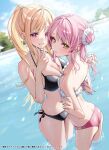  2girls bikini blonde_hair breasts chigusa_minori commentary_request highres large_breasts multiple_girls original pink_hair swimsuit thighs wading water 