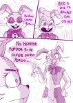  anthro bow_accessory buckteeth clothing comic confusion dialogue duo female five_nights_at_freddy&#039;s glitchtrap happy hi_res lagomorph leporid male mammal monochrome rabbit renita_reed scottgames simple_background spanish_text speech_bubble sweater teeth text topwear vanny_(fnaf) whiskers white_background 