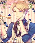  1boy blonde_hair blueberry buttons chi_yu commentary_request dated ensemble_stars! food fork fruit gloves hand_on_own_face hands_up happy_birthday heart holding holding_fork lapels leaf long_sleeves looking_at_viewer male_focus narukami_arashi notched_lapels one_eye_closed purple_eyes short_hair sleeves_past_elbows solo striped striped_vest tongue tongue_out upper_body vertical-striped_vest vertical_stripes vest white_gloves 